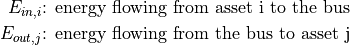 E_{in,i} &\text{: energy flowing from asset i to the bus}

E_{out,j} &\text{: energy flowing from the bus to asset j}