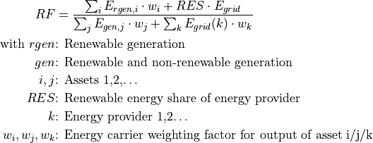 RF &=\frac{\sum_i {E_{rgen,i} \cdot w_i + RES \cdot E_{grid}}}{\sum_j {E_{gen,j} \cdot w_j}+\sum_k {E_{grid} (k) \cdot w_k}}

\text{with } rgen &\text{: Renewable generation}

gen &\text{: Renewable and non-renewable generation}

i, j &\text{: Assets 1,2,…}

RES &\text{: Renewable energy share of energy provider}

k &\text{: Energy provider 1,2…}

w_i, w_j, w_k &\text{: Energy carrier weighting factor for output of asset i/j/k}