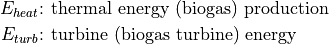 E_{heat} &\text{: thermal energy (biogas) production}

E_{turb} &\text{: turbine (biogas turbine) energy}