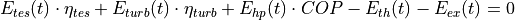 E_{tes}(t) \cdot \eta_{tes} + E_{turb}(t) \cdot \eta_{turb} + E_{hp}(t) \cdot COP - E_{th}(t) - E_{ex}(t) = 0