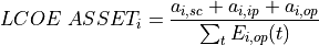 LCOE~ASSET_i = \frac{a_{i,sc} + a_{i,ip} + a_{i,op}}{\sum_{t}{E_{i,op}(t)}}