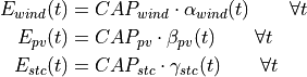 E_{wind}(t) &= CAP_{wind} \cdot \alpha_{wind}(t) \qquad  \forall t

E_{pv}(t) &= CAP_{pv} \cdot \beta_{pv}(t) \qquad  \forall t

E_{stc}(t) &= CAP_{stc} \cdot \gamma_{stc}(t) \qquad  \forall t